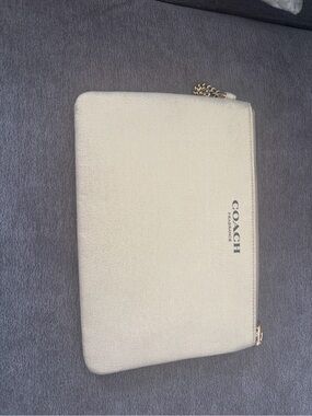Coach Cream Leather Zip Wristlet with Gold Chain